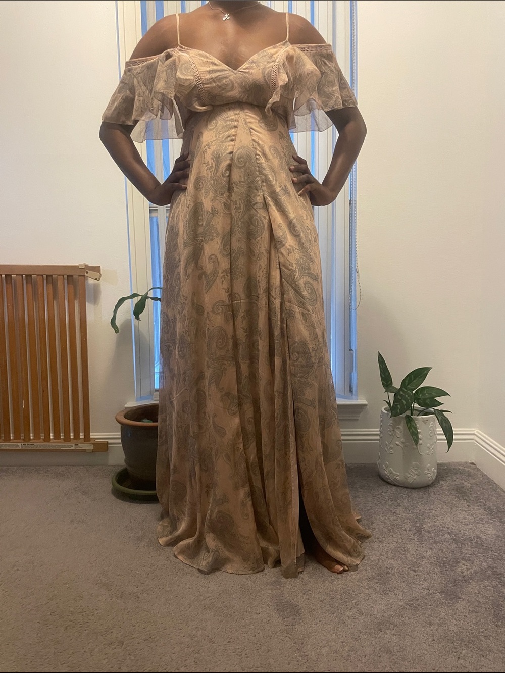 Taupe Paisley Off-Shoulder Maxi Dress